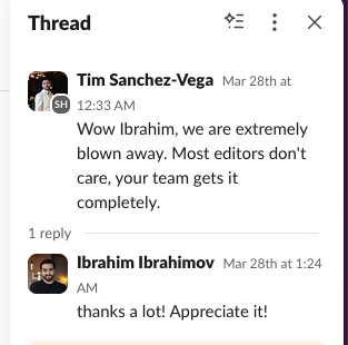 Slack thread reply: thanks a lot! Appreciate it!